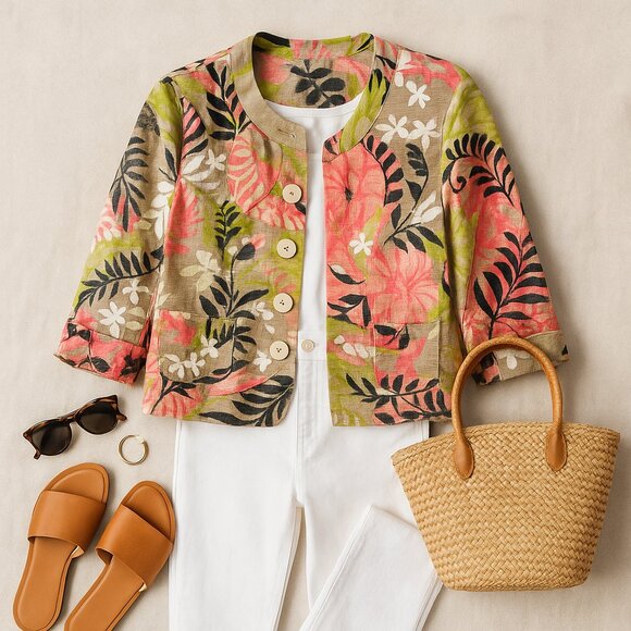 Alexis & Avery Linen-Cotton Tropical Jacket Sz 6 3/4 Sleeve Button Front Resort - Picture 1 of 8